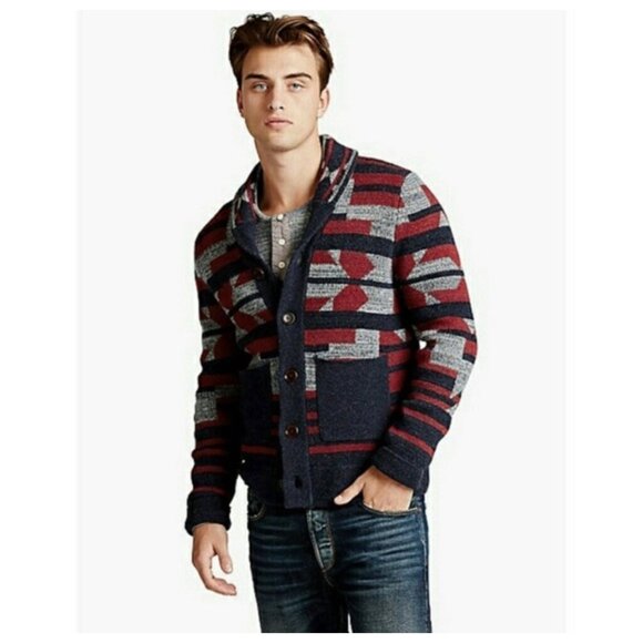 LUCKY BRAND Southwestern Aztec Shawl Collar Cardigan Size L NWOT Cotton Wool - Picture 1 of 8